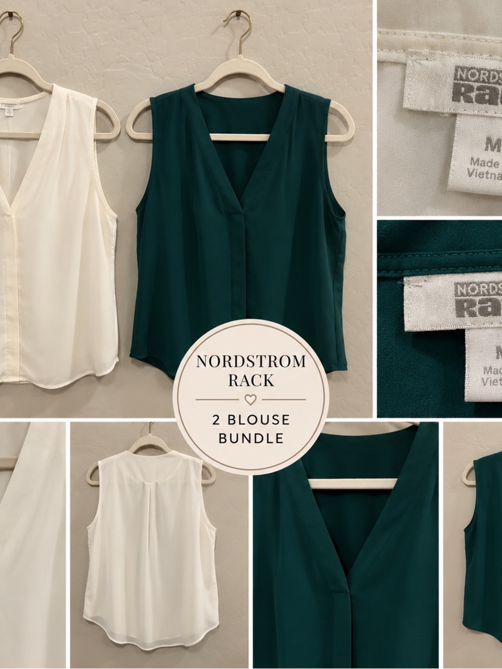 Nordstrom Rack Women’s Sleeveless V-Neck Blouse Bundle — Emerald Green & Cream